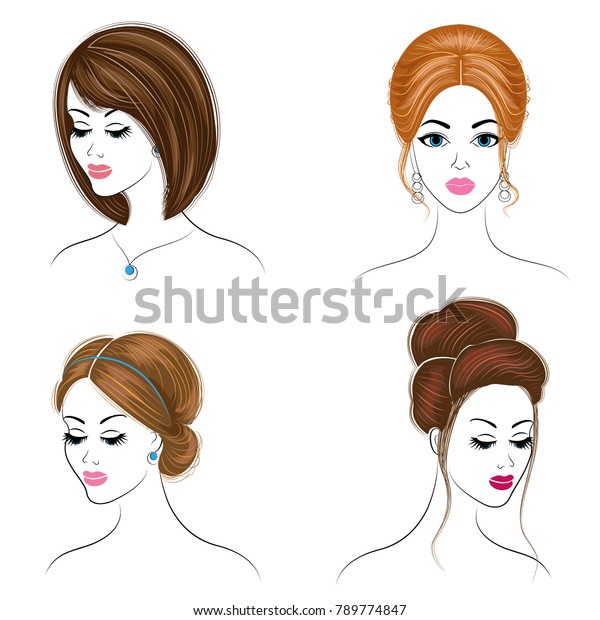 Collection Silhouettes Head Lovely Ladies Girls Stock Vector