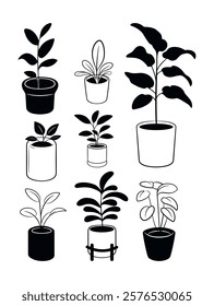 Collection silhouettes of houseplants in black color line art style. Indoor plants in diverse potted. Vector illustrations set isolated on white. Trendy decor doodle sketch botanical elements.