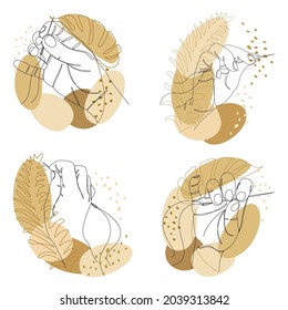 Colección. Silhouettes de una mano humana que cosiera con una aguja y un hilo en un estilo moderno en una línea continua y hojas de una planta. Esbozos, pegatinas, logo. Conjunto de ilustraciones vectoriales.