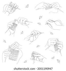 Collection. Silhouettes of a human hand that knits and sews with a needle and thread in a modern style in one line. Solid line, sketches, posters, stickers, logo. Set of vector illustrations.