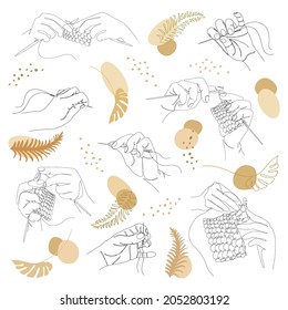 Collection. Silhouettes of a human hand that knits and sews with a needle and thread in a modern style in one line. Solid line, sketches, posters, stickers, logo. Set of vector illustrations.