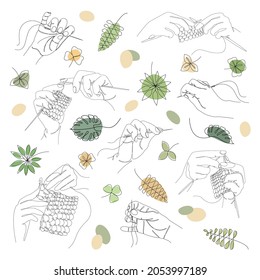 Collection. Silhouettes of a human hand that knits and sews with a needle and thread in a modern style in one line. Solid line, sketches, posters, stickers, logo. Set of vector illustrations.