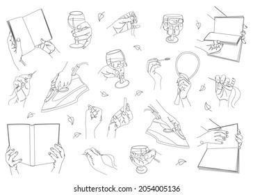 Collection. Silhouettes of a human hand that holds a book, iron, glass, lipstick, mirror, needle in a modern style in a solid line. Sketches, posters, stickers, logo. Set of vector illustrations.