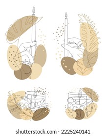 Collection. Silhouettes of human hands with a candle and plant leaves in a modern single line style. Continuous line drawing, decor outline, posters, stickers, logo. Vector illustration set.