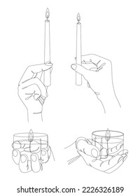 Colección. Silhouettes de manos humanas con una vela en un estilo moderno de una sola línea. Dibujo continuo de líneas, contorno de decoración doméstica, carteles, arte mural, pegatinas, logo. Conjunto de ilustraciones vectoriales.
