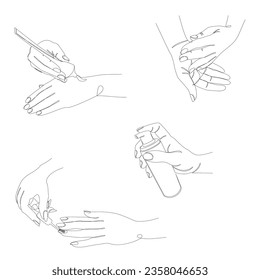 Collection. Silhouettes of human hands covered with cream paints nails in a modern one line style. Continuous line drawing, decor outline, posters, stickers, logo. Set of vector illustrations.