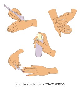 Colección. Silhouettes de manos humanas cubiertas de uñas de pinturas crema en un estilo moderno de una línea. Dibujo continuo de líneas, contorno de decoración, afiches, pegatinas, logotipo. Conjunto de ilustraciones vectoriales.
