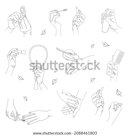 Collection. Silhouettes of human hands. Makeup, lipstick, mascara, earrings, powder, blush, comb, cream and mirror in a modern one line style. Sketches for stickers, logo. Vector illustration set.