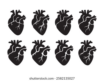 Collection of silhouettes human heart icon on white background