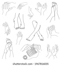 Collection. Silhouettes of human legs and hands in a modern one line style. Continuous line drawing, aesthetic outline for home decor, posters, wall art, stickers, logo. Set of vector illustrations.