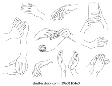 Collection. Silhouettes of human palms in a modern one line style. Clap their hands, knit, crochet. Solid line, aesthetic outline for decor, posters, stickers, logo. Set of vector illustrations.