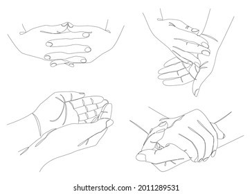 Collection. Silhouettes of human palms in a modern one line style. Clap their hands, knit, crochet. Solid line, aesthetic outline for decor, posters, stickers, logo. Set of vector illustrations.