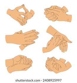 Colección. Silhouettes de palmeras humanas en un estilo moderno de una línea. Las manos aplauden. Dibujo continuo, contorno estético para la decoración, afiches, pegatinas, logo. Conjunto de ilustraciones vectoriales.