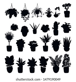 Collection of silhouettes of indoor plants. Pot plants isolated on white background. Simple vector illustration.