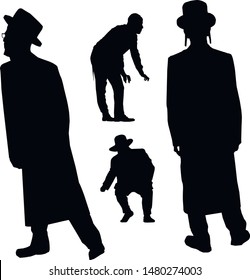 A collection of silhouettes of Jewish men. Religious Jews in traditional costume. Hasid with nurse and beard. A man in a hat and a long coat. Isolated vector illustration. Black on white.