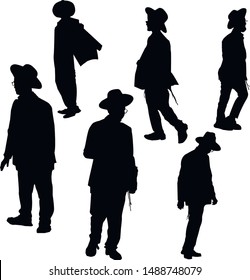 A collection of silhouettes of Jewish men. Religious Jew with his head bowed. The man in the hat. Young Jew Hasid in a hat. Isolated vector illustration Black on white.