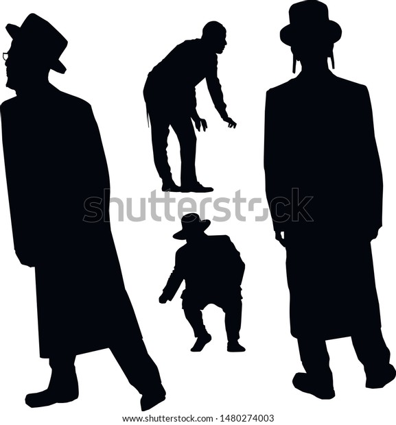 A collection of silhouettes of Jewish men.\
Religious Jews in traditional costume. Hasid with nurse and beard.\
A man in a hat and a long coat. Isolated vector illustration. Black\
on white.