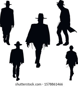 A collection of silhouettes of Jews in traditional clothes. Jew wears talit katan, tzitzit and hat. Jewish Hasid Isolated Vector Illustration Black.