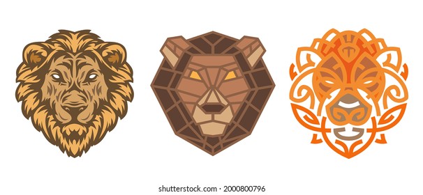Collection silhouettes of lion head in color different styles isolated on white background. Modern graphic design element for label, print or poster. Vector art illustration.