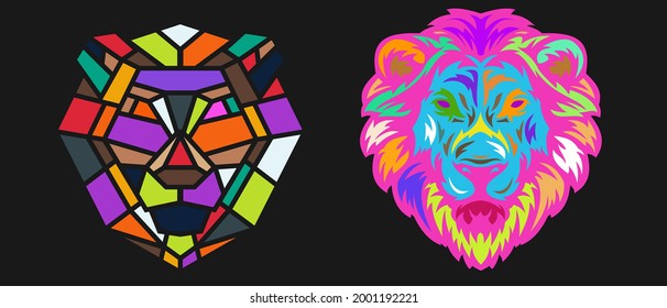 Collection silhouettes of lion head in color different styles isolated on black background. Modern graphic design element for label, print or poster. Vector pop art illustration.