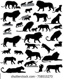 Collection of silhouettes of lions and lion cubs