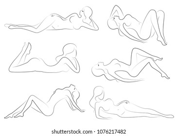 Collection. Silhouettes of lovely ladies. Beautiful girls in different poses are lying. The figures of women are naked, feminine and slender. Set of vector illustrations.