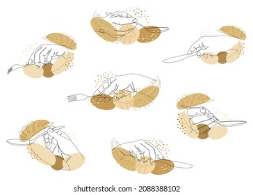 Collection. Silhouettes of a male hand holding a spoon, fork, knife in modern one line style. Continuous line drawing, aesthetic outline for decor, posters, stickers, logo. Vector illustration set.