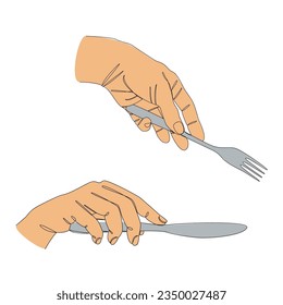 Collection  Silhouettes male hand holding fork into knife  in modern single line style  Continuous line drawing  decor outline  posters  stickers  logo  set vector illustrations 