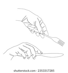 Collection  Silhouettes male hand holding fork into knife  in modern single line style  Continuous line drawing  decor outline  posters  stickers  logo  set vector illustrations 