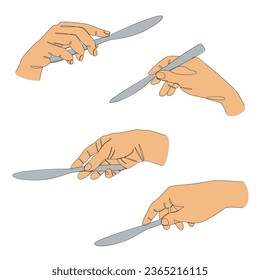 Collection. Silhouettes of a male hand holding a knife in a modern one line style. Continuous line drawing, outline for home decor, posters, wall art, stickers, logo. Vector illustration set.