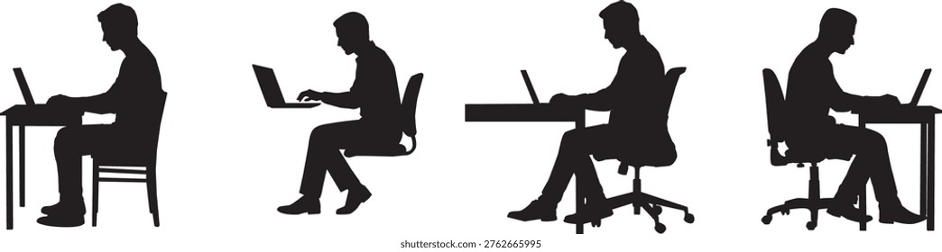 Collection of silhouettes of a man using a laptop, isolated on a white background.