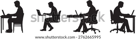 Collection of silhouettes of a man using a laptop, isolated on a white background.