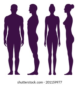 Collection of silhouettes of man and woman in front and side view. Vector illustration, isolated on white background