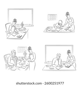 Collection. Silhouettes of a man and a woman teachers at school. A student does her homework, writes with a pen in a notebook. Graphic image. Vector illustrations set