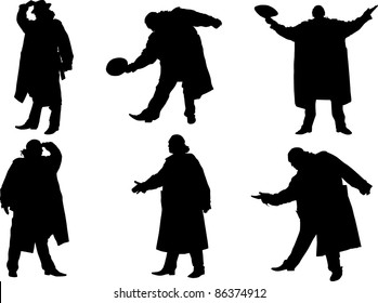 A collection of silhouettes of men in a cloak with a hat. Vector
