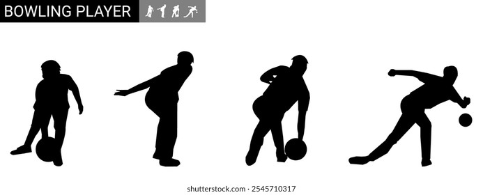 Colección de siluetas de hombres jugando a los bolos. Varias poses diferentes. Ilustración vectorial.