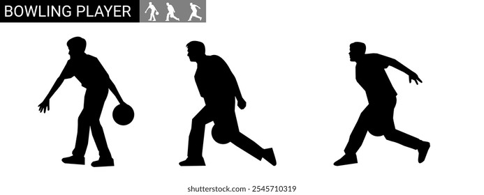 Coleção de silhuetas de homens jogando boliche. Várias poses diferentes. Ilustração vetorial.