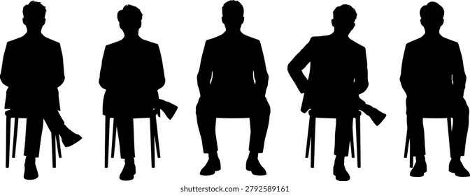 Collection of silhouettes of men in suits sitting on chairs in various poses, isolated on a white background. Perfect for business and office design.