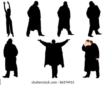 A collection of silhouettes of men in trench coat. Vector