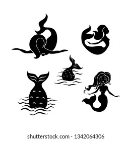 Collection silhouettes of a mermaid, isolated vector illustration, swimming beautiful mermaid, fish tail.