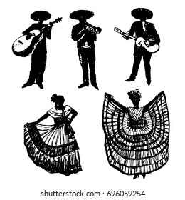 Collection of silhouettes of  Mexican musicians with instruments and dancers, drawing sketch hand drawn vector illustration