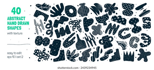 Collection of silhouettes minimalist bizarre abstract geometric unusual shapes and forms with different textures in matisse style, Hand drawn primitive, Big set vector graphic elements, set 2