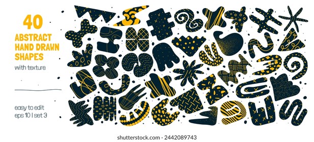 Collection of silhouettes minimalist bizarre abstract geometric unusual shapes and forms with different textures in matisse style, Hand drawn primitive, Big set vector graphic elements, set 3