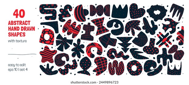 Collection of silhouettes minimalist bizarre abstract geometric unusual shapes and forms with different textures in matisse style, Hand drawn primitive, Big set vector graphic elements, set 4