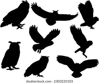 Collection of silhouettes of owls and eagle-owls birds