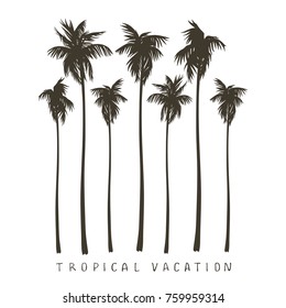 A collection of silhouettes of palm trees in a realistic style on a white background with the inscription "tropical vacation" .Vector image.