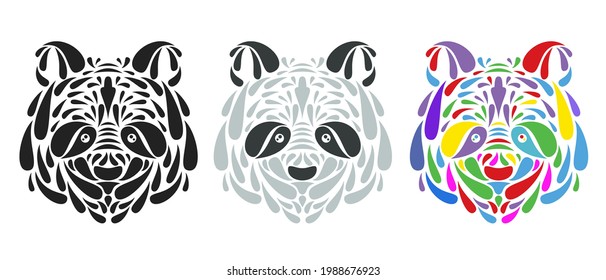 Collection silhouettes of panda head from particles or leaves in hand drawn floral style isolated on white background. Modern graphic design element for label or poster. Vector art illustration.