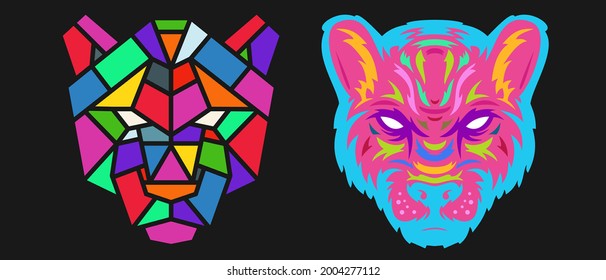 Collection silhouettes of panther head in color different styles isolated on black background. Modern graphic design element for label, print or poster. Vector pop art illustration.