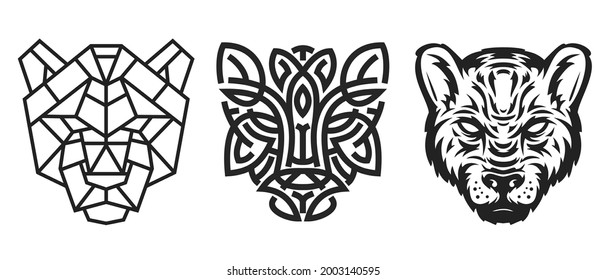 Collection silhouettes of panther head in monochrome different styles isolated on white background. Modern graphic design element for label, print or poster. Vector art illustration.