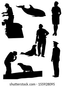 Collection of silhouettes of people acting with sea animals